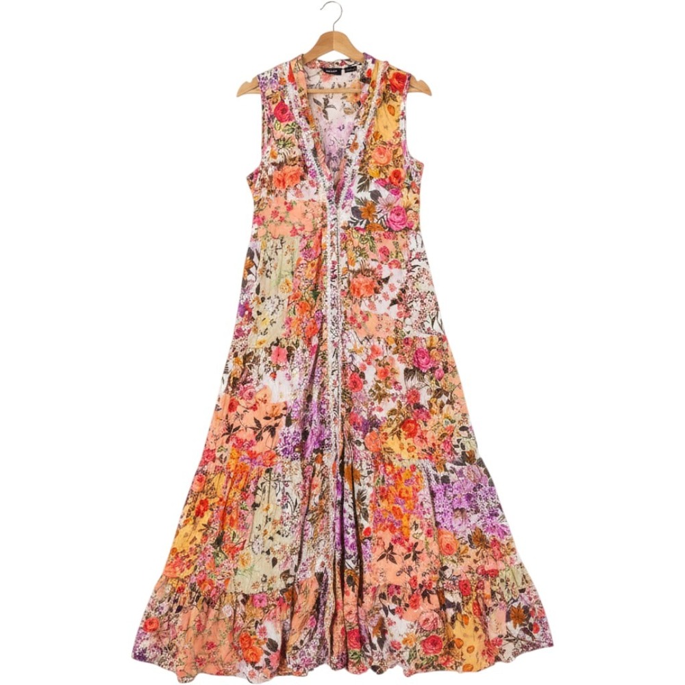Tolani Floral Patchwork Maxi Dress Large Boho Sleeveless Tiered V-Neck Indie